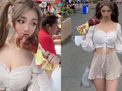 「雙馬尾巨乳萌妹」迪士尼大啃烤火雞腿，火辣身材讓人重點歪，H級美胸好吸睛！