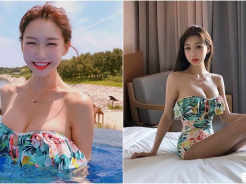 快掉出來！「雪白奶妹」泳衣太低胸！兩團飽滿肉肉「掉出半顆」好想幫她拉一下！