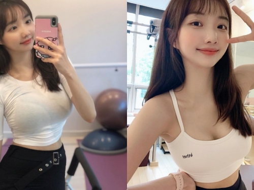 童顏巨乳的彼拉提斯教練「Jelly」，教學時「深溝曲線」太使人分心！