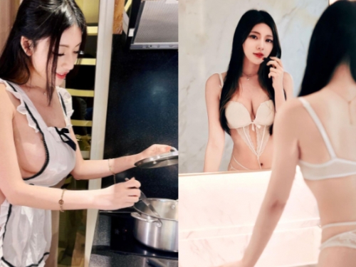 火辣廚娘「謝立琪Kiki」裸披圍裙就開煮，「側溢厚奶」粉絲狂讚秀色可餐！