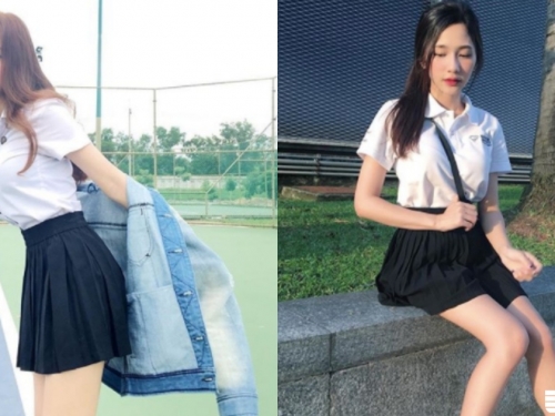 少女制服白襯衫「胸前超緊繃」，伸懶腰「鈕扣快爆炸」心裡的猛獸也要爆發啦！