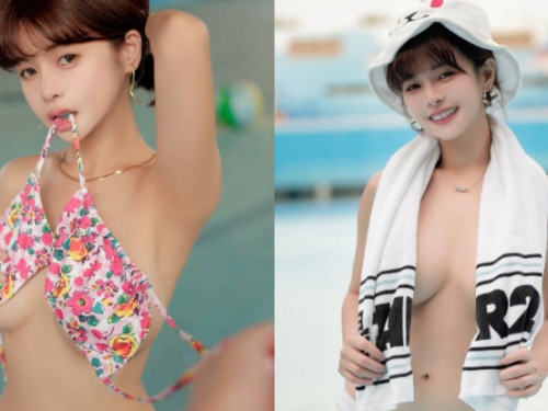 水中炸彈！巨乳美姬「小花姐接」泳池掀起奶，濕涼體感意猶未盡！
