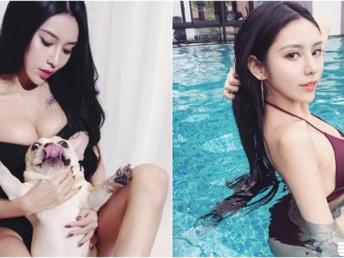 狗年好幸福！「爆乳正妹」身材太火辣！狗躺上去被「渾圓美乳」嚇到臉歪啊～