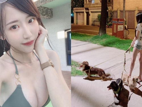 晚上偶遇美腿熱褲妹遛狗！「陳怡璇」不只白皙甜美，連身材也豐滿窈窕！