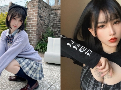 甜美妹子轉為「火辣暗黑風格」，「黑色低胸裝的乳量」好兇猛啊！