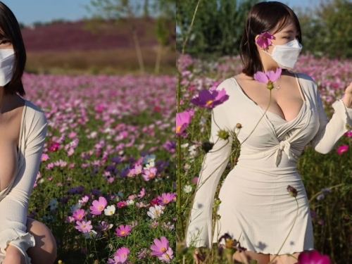 花海裡藏著乳海～超澎湃「低胸賞花妹」！渾圓白嫩的「深V美景」太吸睛啦！
