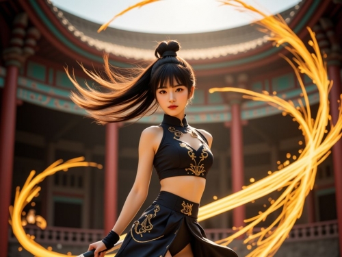妹子舞劍．金色劍氣．英姿颯爽