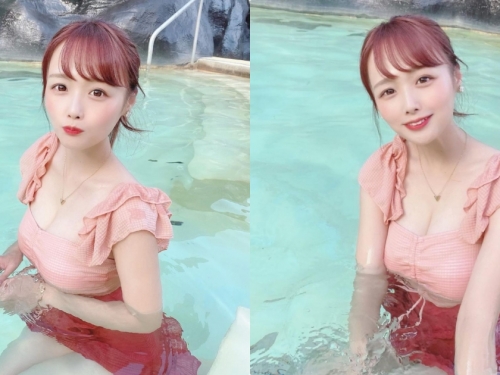 可愛正妹「泡水美照」好誘人，荷葉泳衣「包覆火辣美乳」！