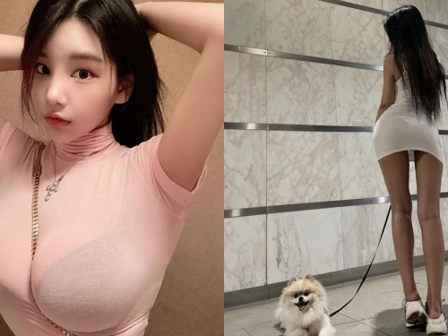超大方「韓國巨乳正妹」深夜遛狗放福利，緊身短裙秀「修長美腿」！