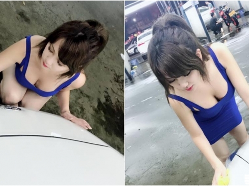 展場正妹「Gogo 狗狗」放假洗車身材火辣，低胸小洋裝看就知道一定洗超乾淨啊～