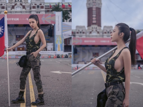 國慶亮點！最辣站安官「西西」軍衣難擋「渾圓猛乳」，扛旗帥樣引網友暴動！