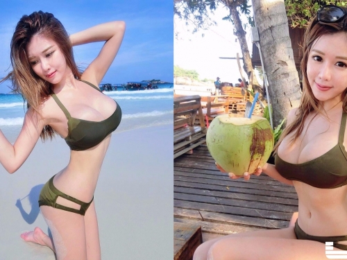 這樣太危險！大馬女神「美乳滑出比基尼」路人看傻眼！「巨型車頭燈」真的好猛…