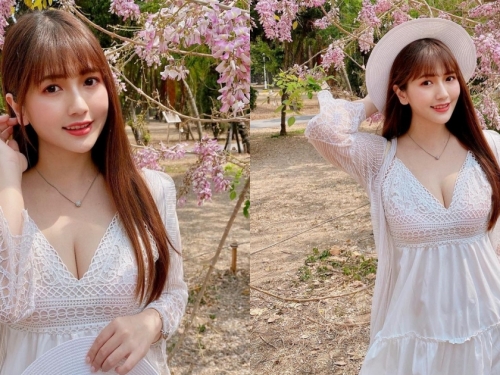 超甜美「爆乳賞櫻正妹」莫葵 Vika，「低胸蕾絲白洋裝」清純優雅還性感！
