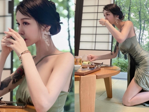 西湖龍井驚見「氣質正妹」優雅品茶，連身長裙擋不住「前凸後翹Ｓ曲線」！