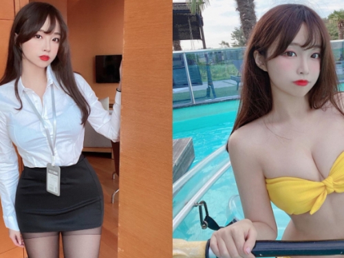 「巨乳俏秘書」套裝窄裙露出黑絲蜜大腿　襯衫感覺也有點緊...
