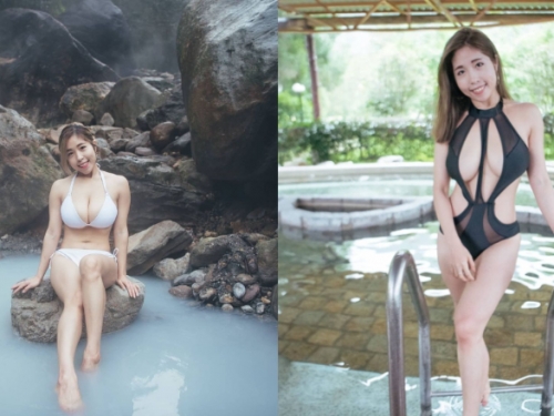 野溪溫泉遇見「爆乳妹子」　一手無法掌握的大小連比基尼都快遮不住