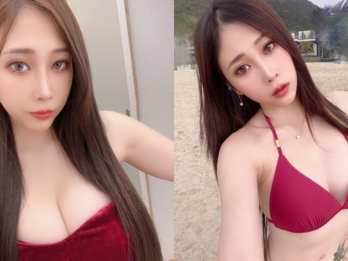 正妹「小魚」紅色造型超誘人，沙灘解放「超火辣S曲線」！