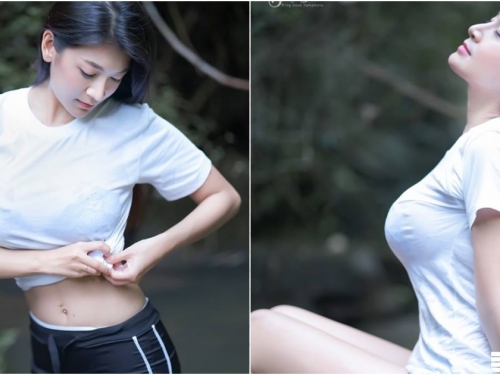 「巨乳妹子」河邊玩耍，白上衣沾濕露出「渾圓形狀」！