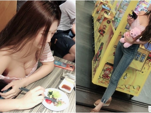 夾娃娃機店驚見「低胸爆乳正妹」！低頭吃飯「兩顆雪乳」直接靠桌上！兇猛畫面受不了！