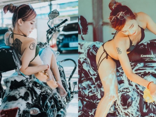 性感正妹「艾莉絲」洗車換上比基尼，「乳香打蠟」磨蹭太吸睛！