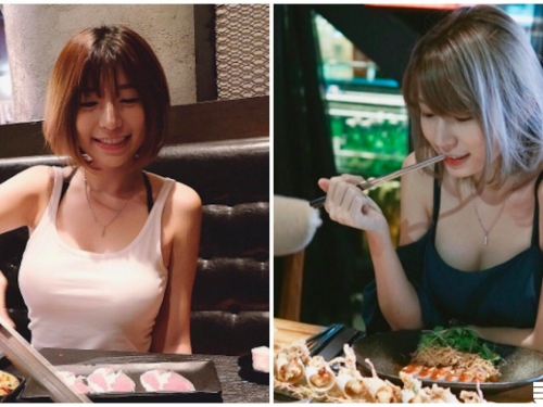 好辣！爆乳甜心吃烤肉，渾圓胸型快炸裂，一彎腰就露出傲人深溝！