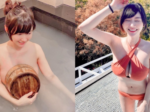巨乳正妹姚采辰「泡湯洩春光」　小木桶也遮不住飽滿渾圓奶球
