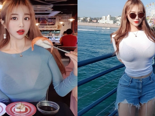 南韓「巨乳吃貨妹」쩡이，到處補充肉肉！胸前兇猛脂肪儲存器都快爆啦～