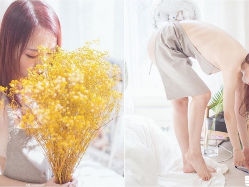 「美女插花師」在家工作好開放！圍裙下「一絲不掛」白皙肉體太完美！屁屁還可以插花～