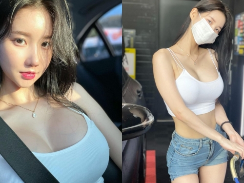 背心熱褲「巨乳正妹」下車自助加油，臉擋住了「超辣好身材」卻暴露啦！