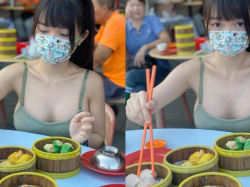 以形補形！巨乳正妹挺「大白包子」吃港點　乳量快要溢出來啦！