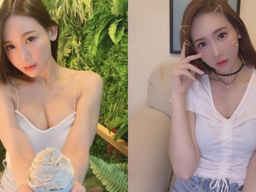 白皙正妹「楊羽霏Sunny」細肩帶爆乳捧冰淇淋，「雪白美胸」比冰更美味！
