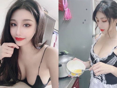 電眼雪乳正妹「夏小允」細肩帶小背心超辣！居家扮「性感女僕」做菜讓人好想吃掉