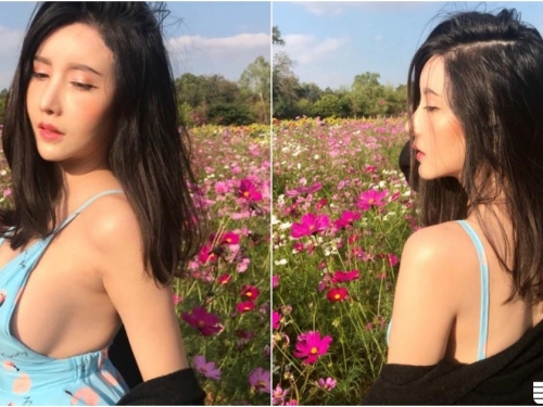 賞花驚見「洋裝露奶妹」！不穿bra的極致美景！側邊空隙「渾圓美乳」跑出來啦！