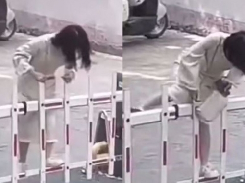 社區柵欄擋去路！陸長裙女「伸腿硬跨」 下秒糗事發生