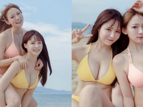 放福利時間！網紅「元元、林莎」合體脫了！海邊曬「比基尼雪乳」按讚數狂飆