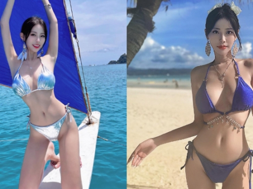 性感女神「玟妡」10套比基尼征戰長灘島，「美乳細腰」框金又包銀！