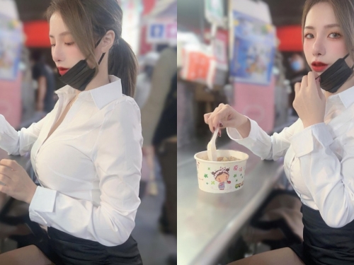 「性感OL正妹」路邊攤吃麵！丁丁「前凸後翹」套裝包不住，絕對領域若隱若現