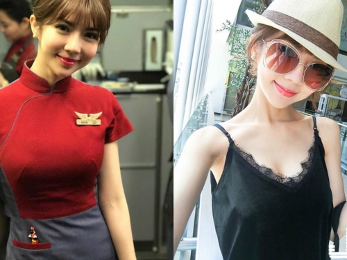 華航甜美正妹空姐Qbee張比比機上拍照　網友：製服變好撐喔！