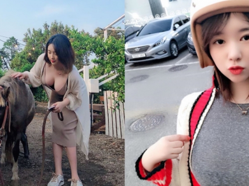 馬都受驚了！俏麗短髮妹金娜賢彎腰摸馬　火辣美乳「差點掉出來」！