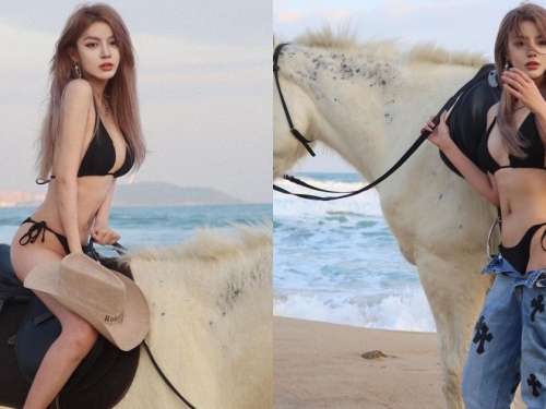 比基尼長髮正妹「海邊爆乳騎馬」！超大膽作風原來是四川成都辣妹子！