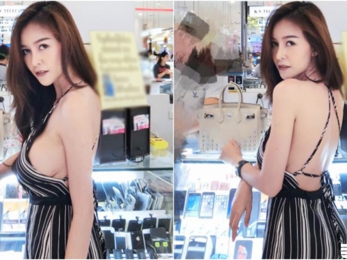 衣不蔽奶！商場買手機驚見「溢奶妹」！裸背洋裝遮不住「雪白側乳」整顆放送啦！