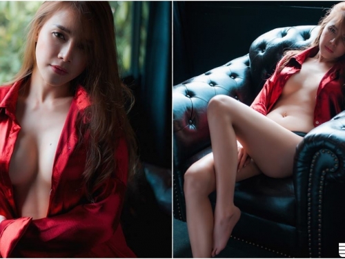 豔情誘惑！「長髮白奶妹」紅色襯衫大膽敞開，「渾圓美乳」袒露出白嫩一片！