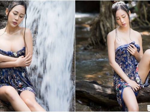 「泰國奶妹」溪邊泡水，衣服濕透服貼嬌軀，「雪白美乳」快要爆出來啦！