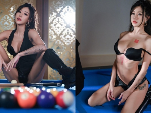 火辣尤物「雙囍 Lara」調皮爬上撞球桌，美腿大張意圖使人一桿進洞！