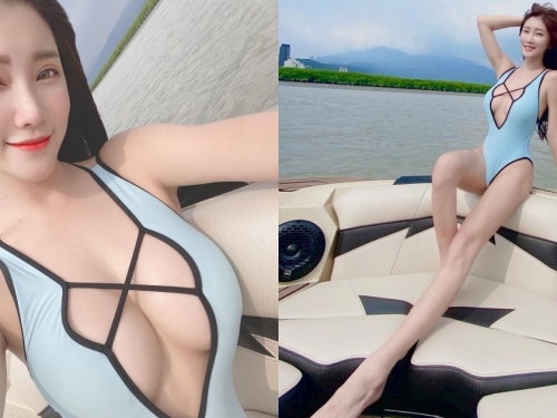 「爆乳泳裝正妹」關渡滑水超搶眼！中路挖空秀「雪白豪乳」辣翻～