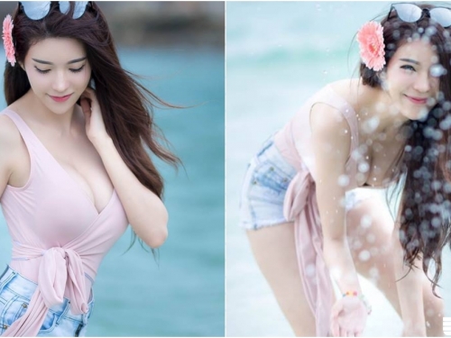 「白嫩大奶妹」海邊戲水！「粉嫩渾圓」大長輩一彎腰就見客！身材太好了啦！
