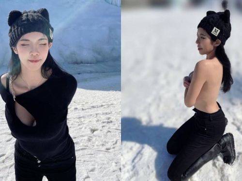 性感長腿妹「羅莉Rolly」韓國玩耍，雪地裡「上空秀裸背」讓人零下也熱起來！