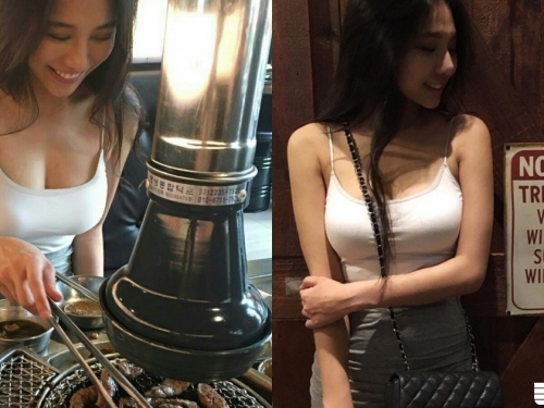 吃美食都會記得帶奶奶！知名韓式燒烤出沒「背心大奶妹」胸前兩團「波濤洶湧」好驚人...
