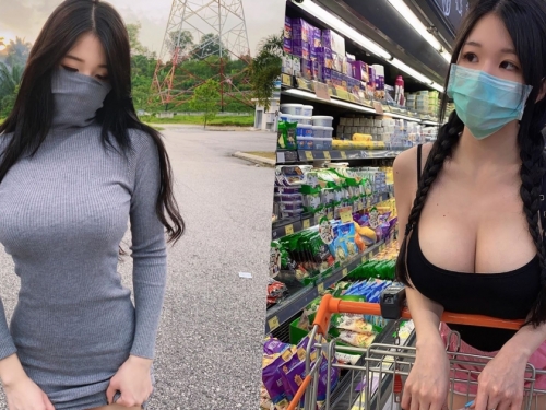 太辣！逛超市巧遇「巨乳口罩正妹」，「乳量滿載」客人都騷動了！