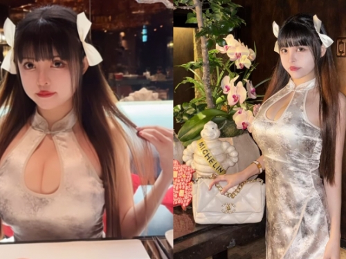 大眼美女「羊ㄦ」穿旗袍上餐廳，「深美事業線」比烤鴨還誘人！